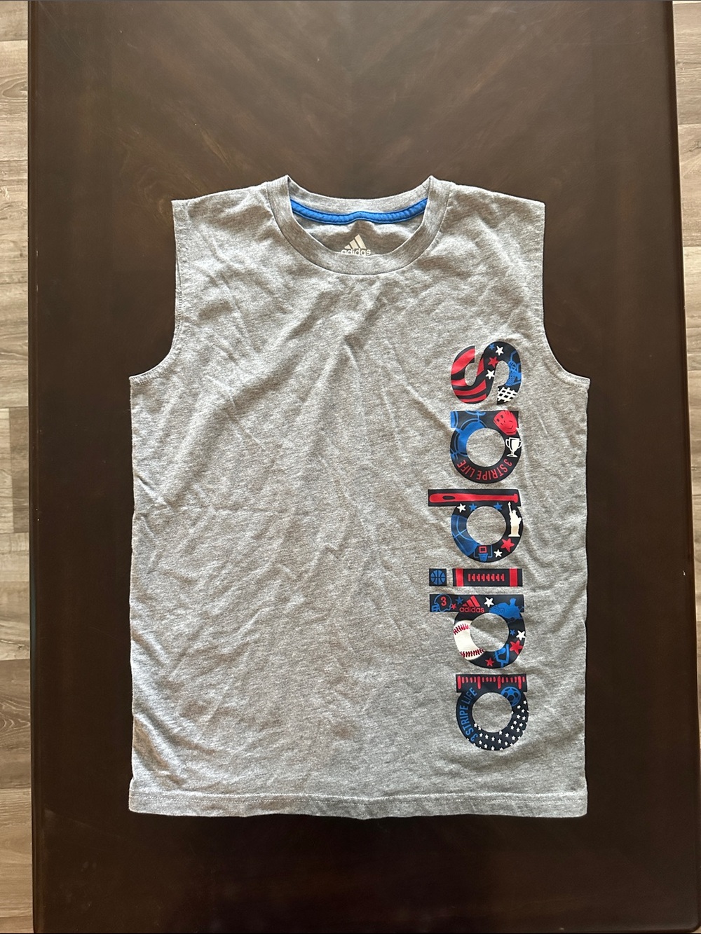 adidas Gray Sleeveless Tank with Red & Blue Graphic Logo